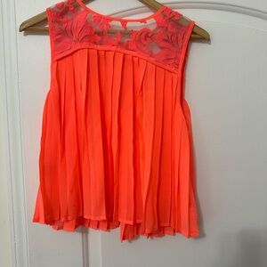 Forever 21 Neon Coral Pleated Chiffon Camisole with Lace Yoke